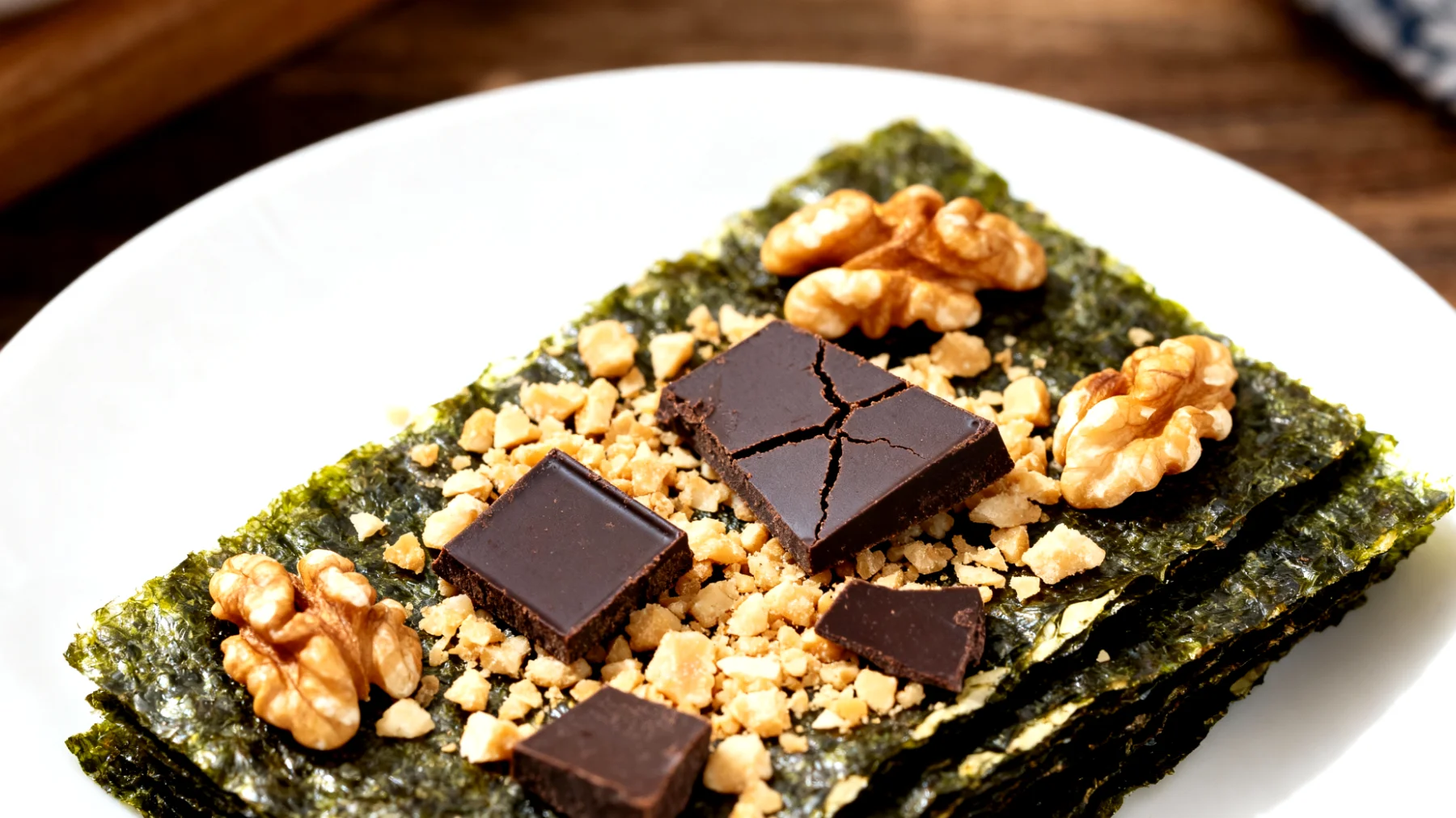Nori-Algenblätter mit Walnüssen und dunkler Schokolade"